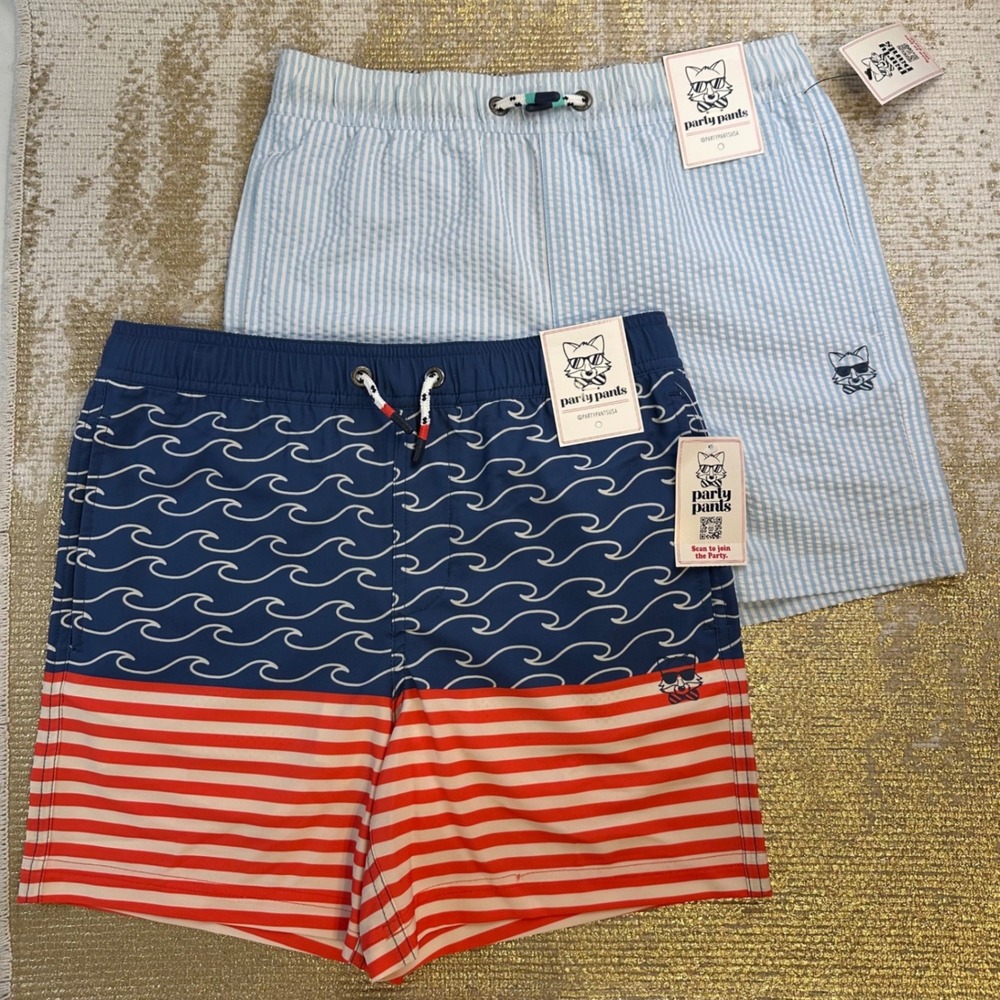 PARTY PANTS Boys Swim Trunks Bundle NWT Medium Seersucker/Finner II 4th Of July